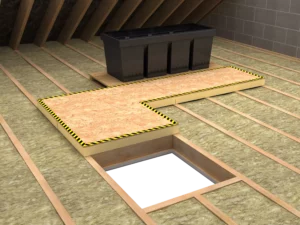 Graphic of unilin insulation Walk-R insulation installed within an attic