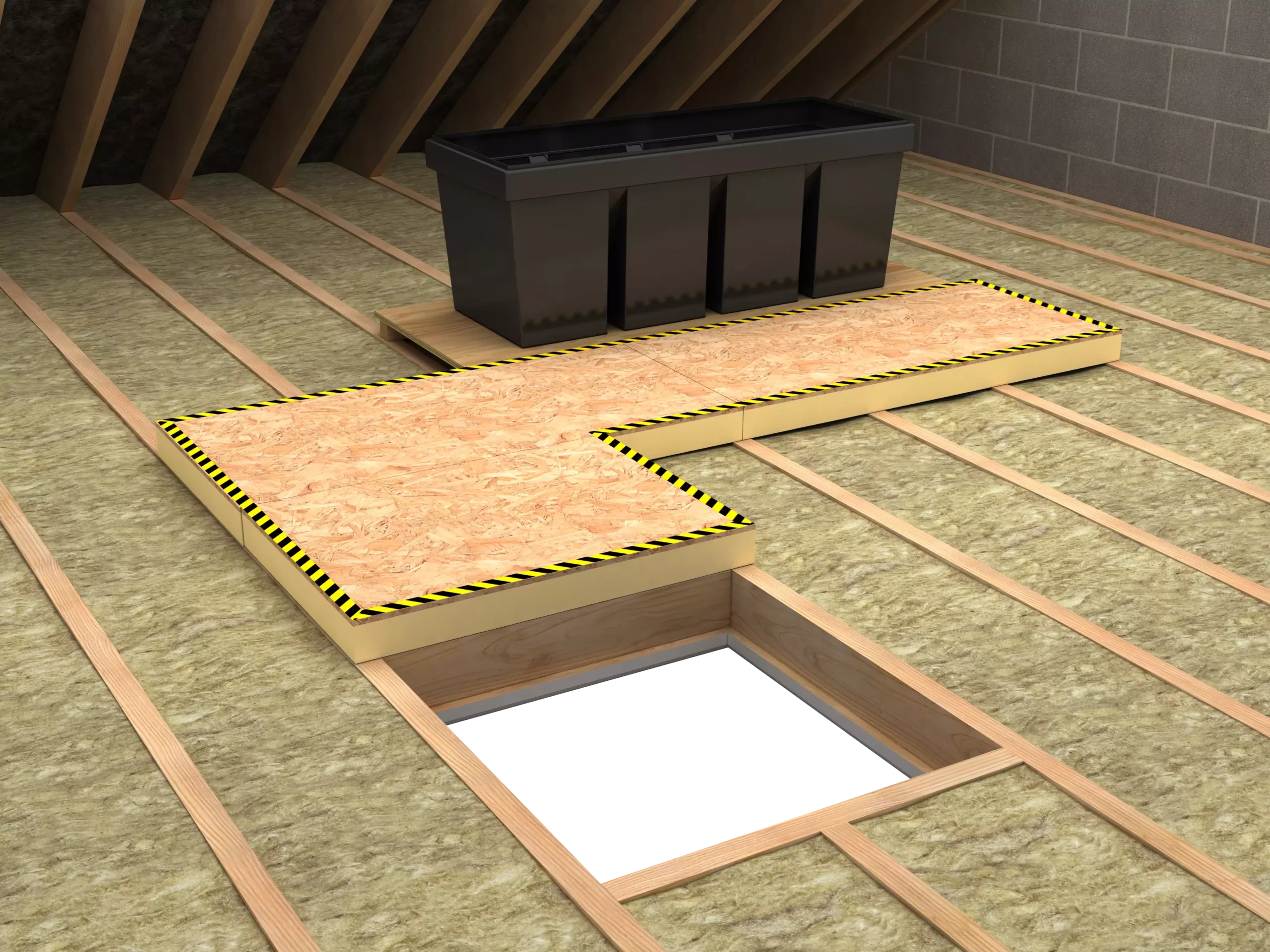 Graphic of unilin insulation Walk-R insulation installed within an attic
