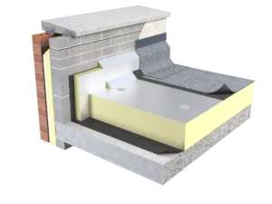 Diagram showcasing XtroDeck roof insulation with an embossed aluminium facing on both sides in a flat roof project.