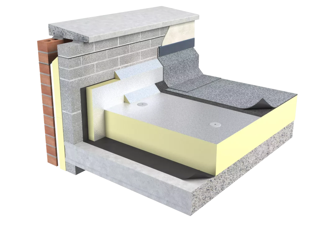 Diagram showcasing XtroDeck insulation with an embossed aluminium facing on both sides in a flat roof project.