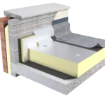Diagram showcasing XtroDeck insulation with an embossed aluminium facing on both sides in a flat roof project.