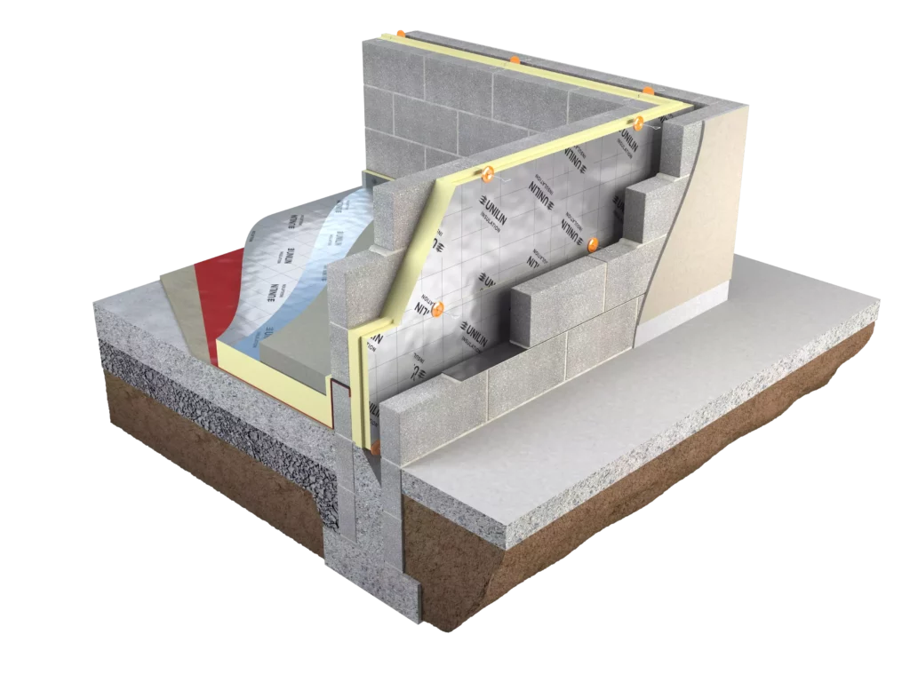 Diagram showcasing the engineered tongue and grooved joints and pre-formed corners of wall insulation ensuring insulation continuity and minimisation of Thermal Bridging.