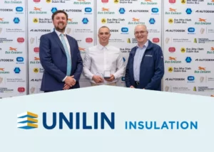 Jack Greehan Bricklaying Competition winner at worldskills Ireland with Bian Mcconville and Unilin Insulations Specfication Manager, Phil Ward